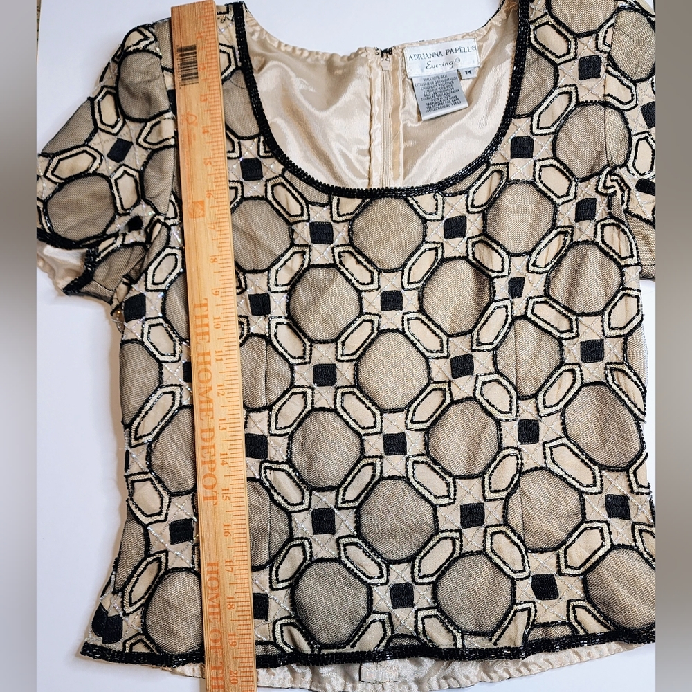 Adrianna Papell Evening Beaded Blouse Sz M 100% Silk Black Gold Geometric Top - Picture 14 of 15